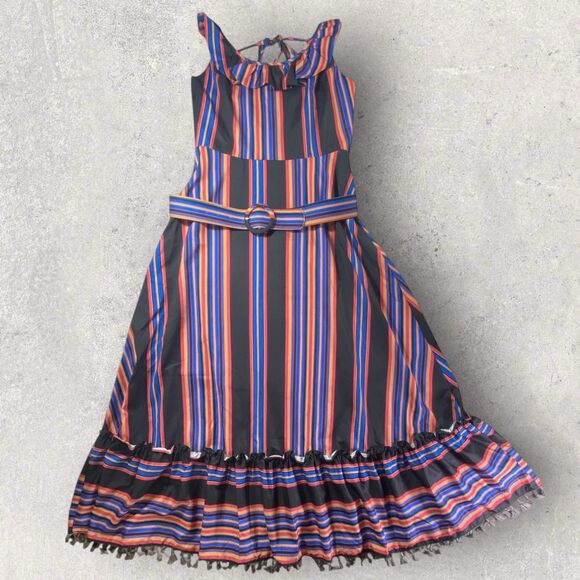 Rare Beulah Style Striped Fringe Maxi Dress Boho Style w/Belt Size Medium - Picture 1 of 11